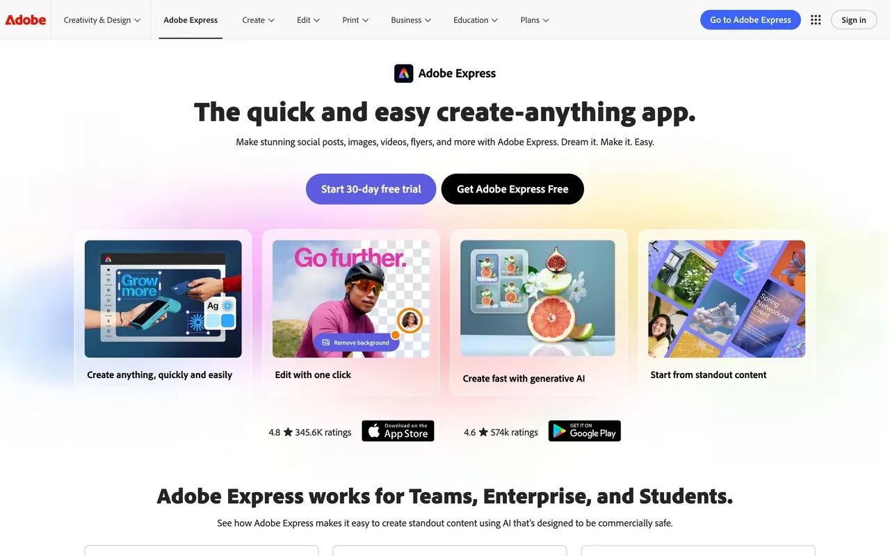 Adobe Express homepage, August 2026