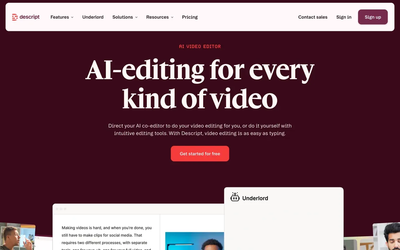Descript homepage, compared against the best Descript alternatives