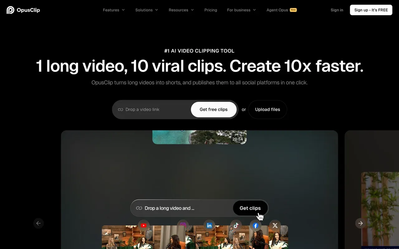 Opus Clip homepage, compared against the best Opus Clip alternatives