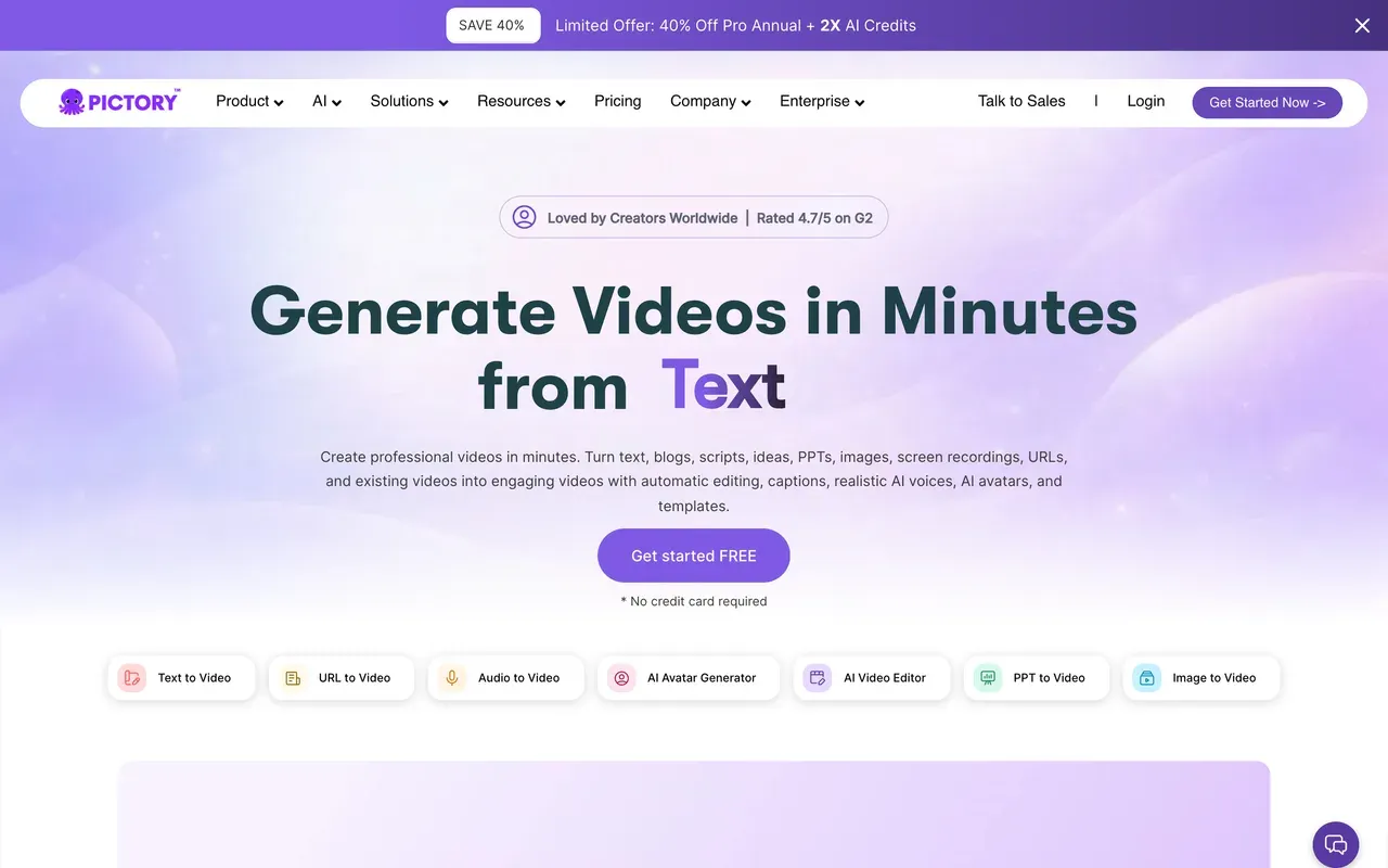 Pictory homepage, August 2026