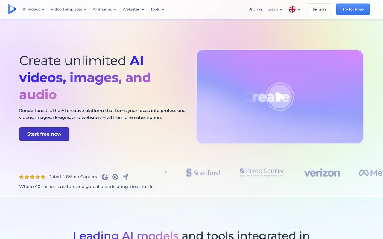 Renderforest homepage, August 2026