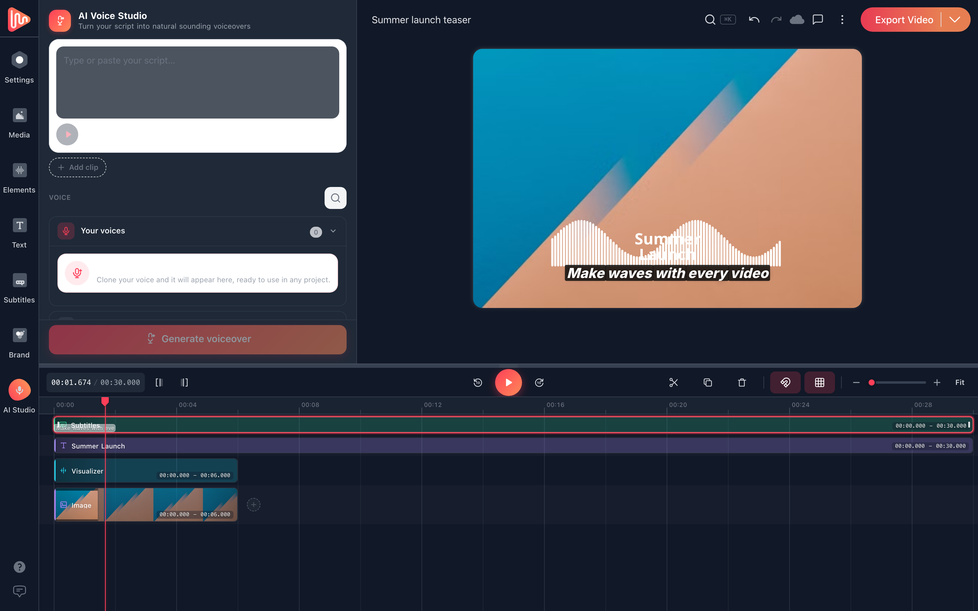 EchoWave AI Voice Studio panel with a script box, voice cloning and the Generate voiceover button