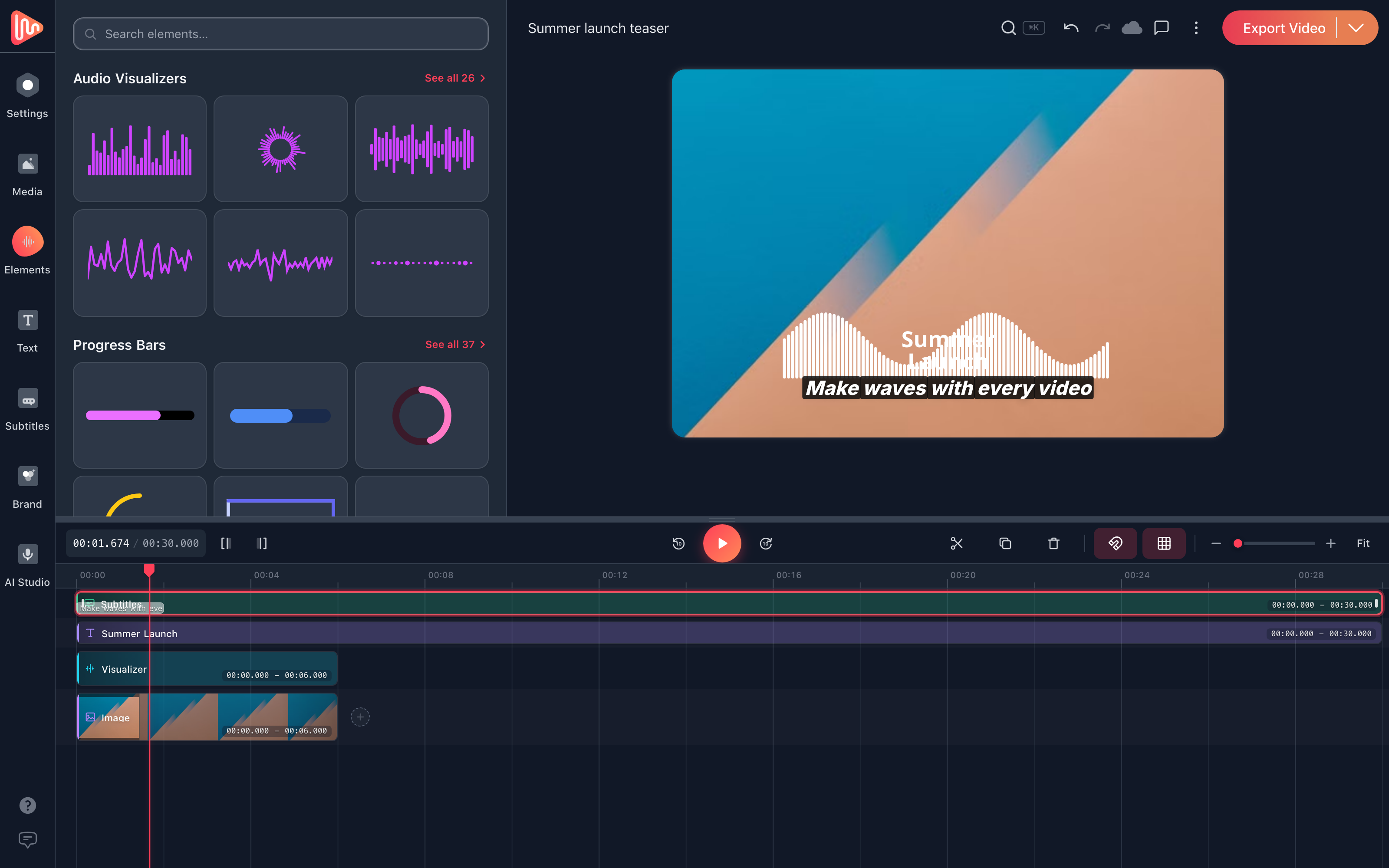 EchoWave Elements panel with audio visualizer and progress bar galleries beside the canvas
