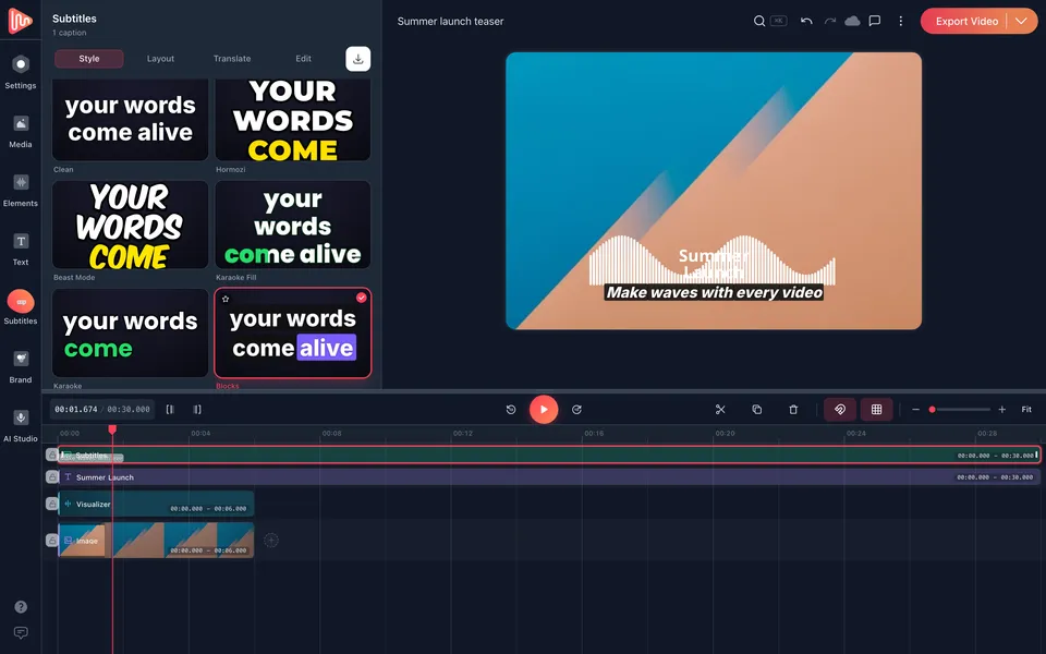 The EchoWave video editor with a styled caption, stock footage, waveform visualizer and a multitrack timeline
