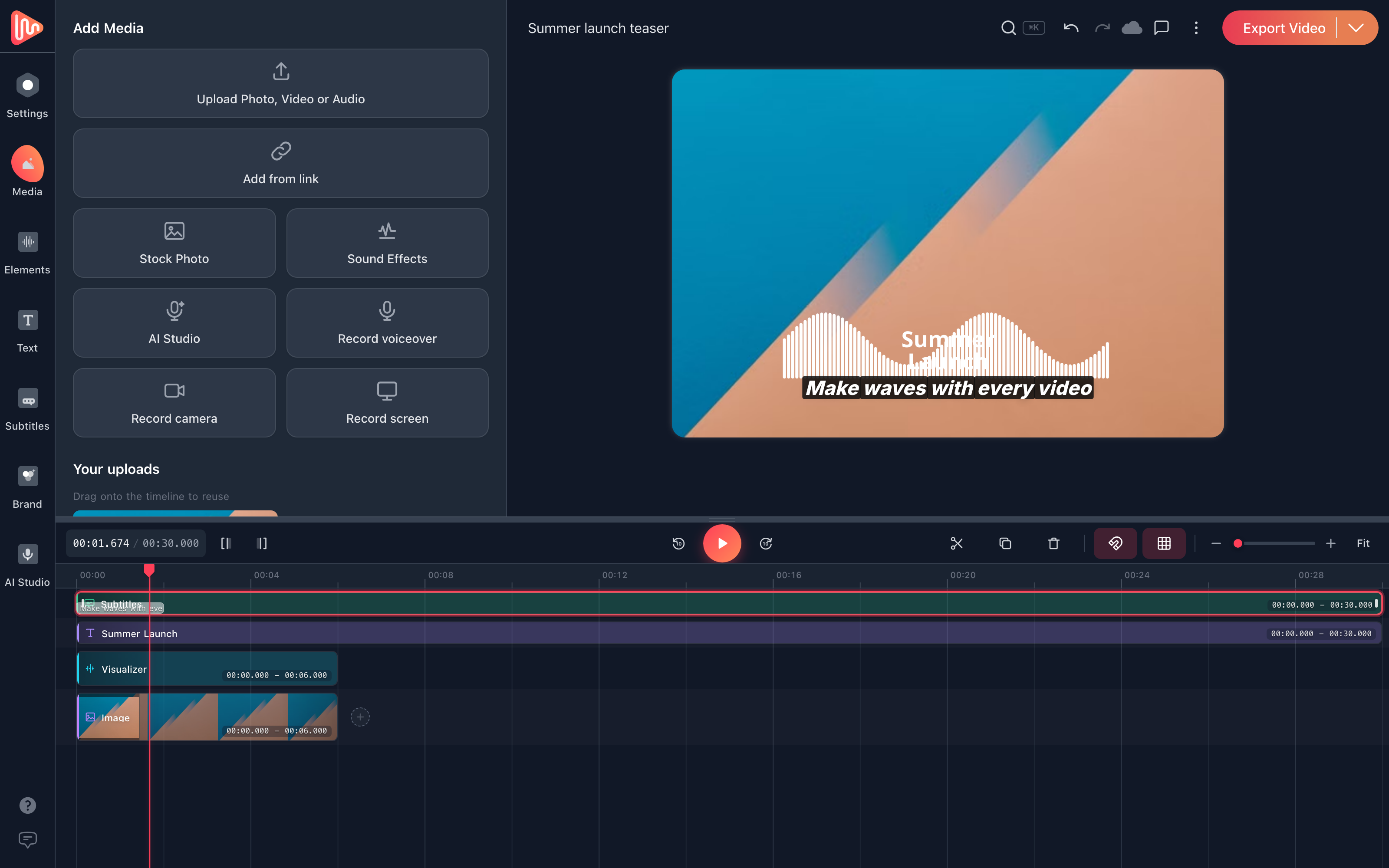 EchoWave Add Media panel with upload, stock photo, sound effects and screen, camera and voiceover recording