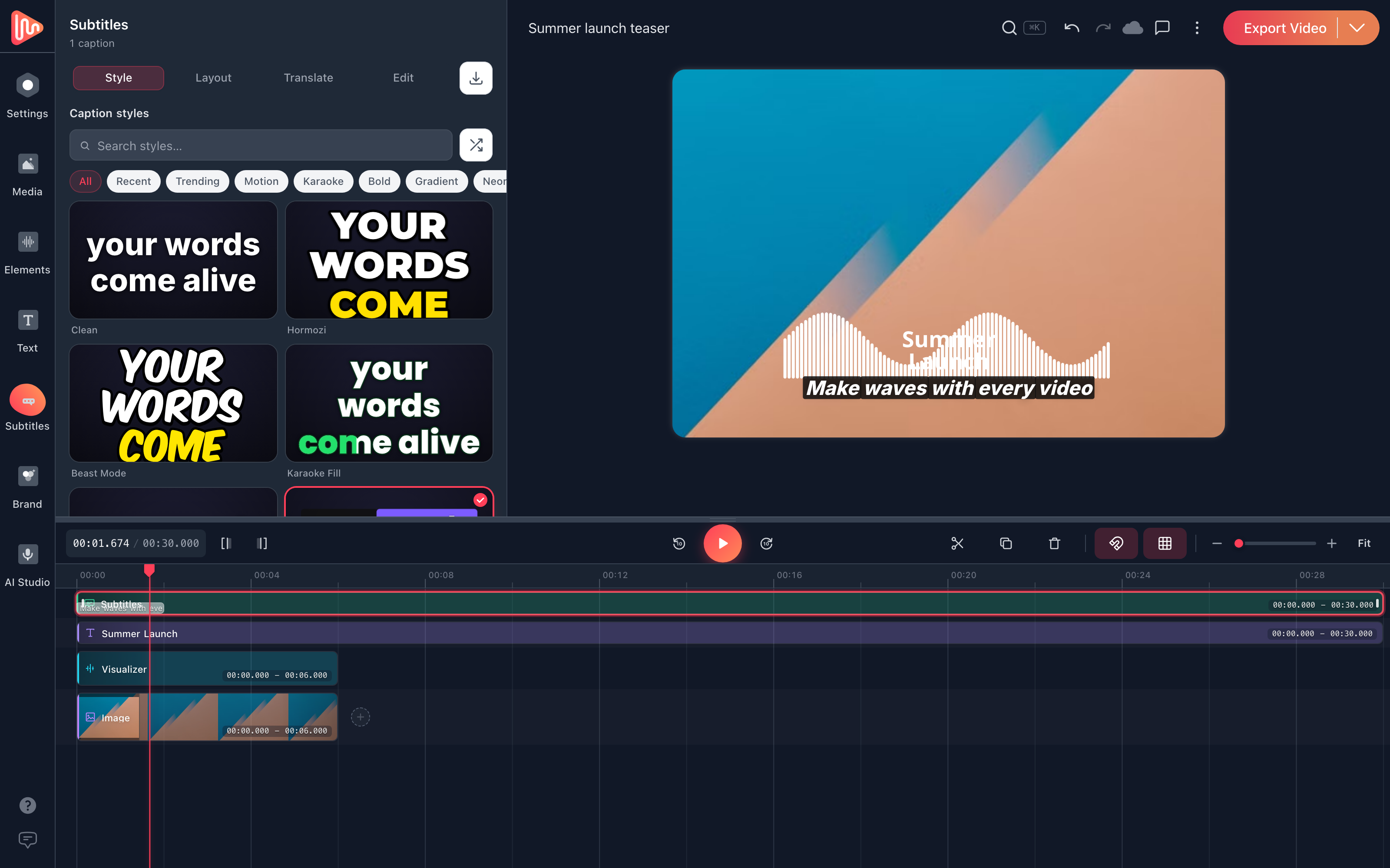 EchoWave editor with the Subtitles panel open, showing the Auto Generate Subtitles button