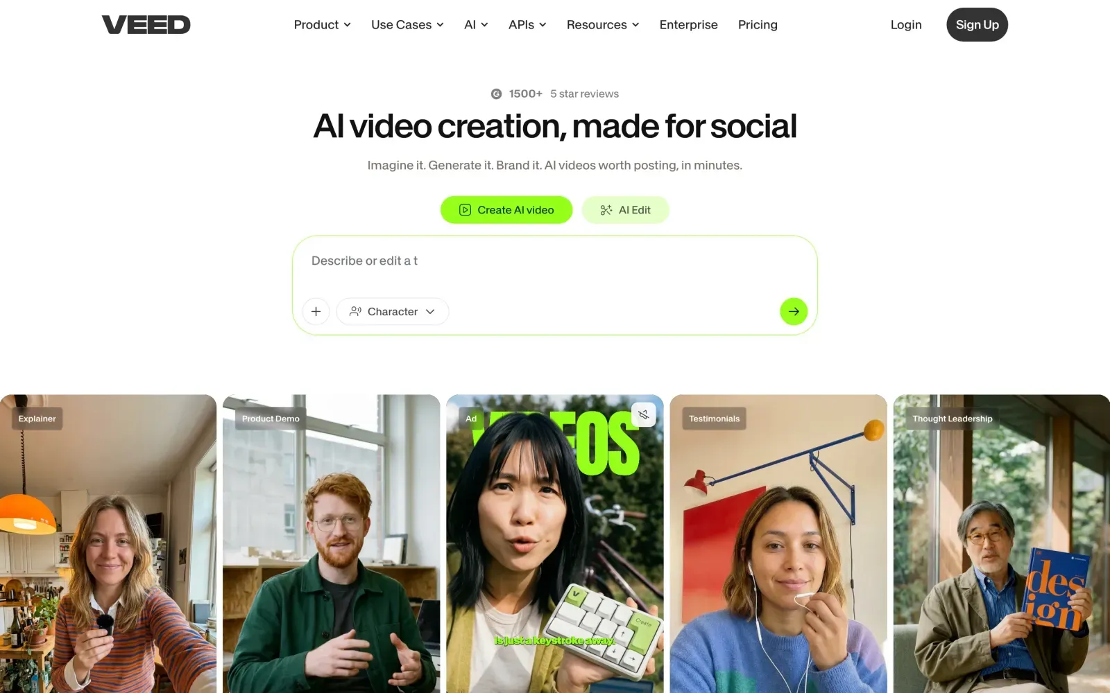 Veed.io homepage showing its online AI video editor